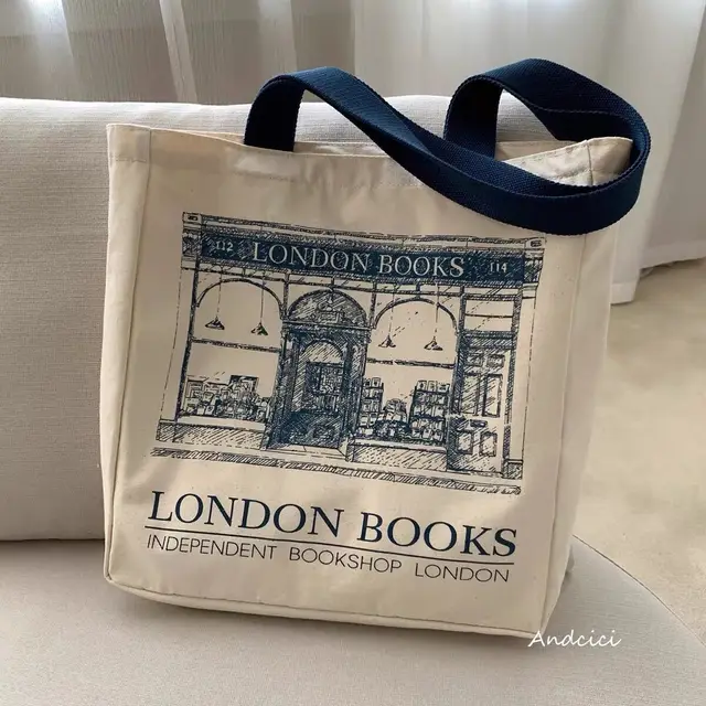 Women Canvas Shoulder Bag London Books Print Ladies Casual Handbag Tote Bag Reusable Large Capacity Cotton Shopping Beach Bag_voghion.com