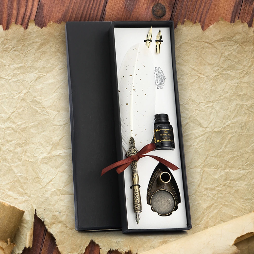 1 Set Retro Classic Texture Practical Calligraphy Feather Dip Pen Quill Fountain Writing Portable  Wedding Gifts