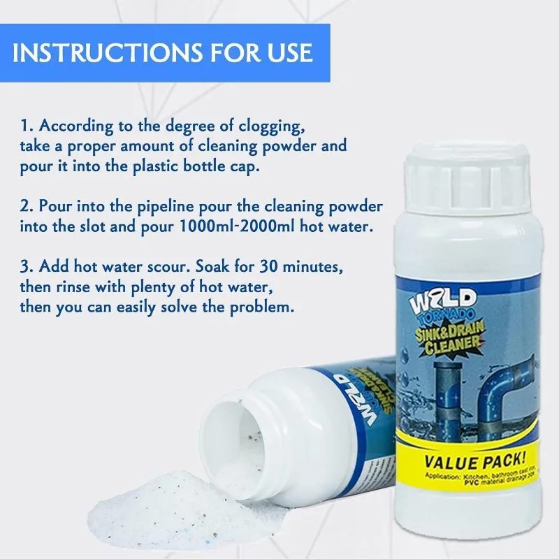 Sink&Drain Cleaner Powder High-Efficiency Clog Remover with Fast Foaming Kitchen Sewer Toilet Pipe Dredge Deodorant