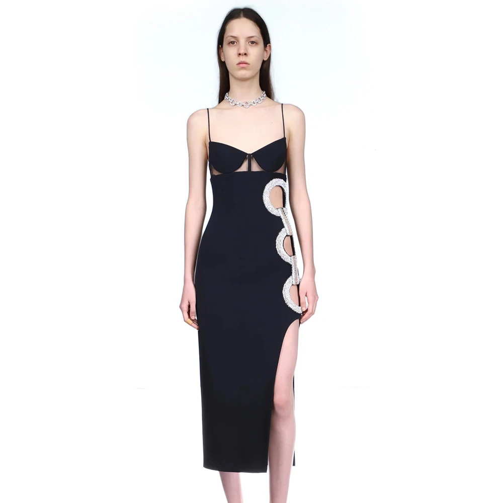 

2022 New Summer Spaghetti Strap Bandages Dress Women Sexy Hollow Out Diamonds Elegant Party Bodycon Dress