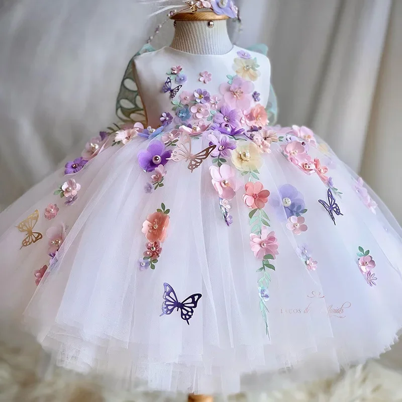 

Baby Kid Girl Princess Dress Butterfly Wings Flower Child Fluffy Gauze Flower Pearl Lolita Princess Dress Christmas Toddler Wear