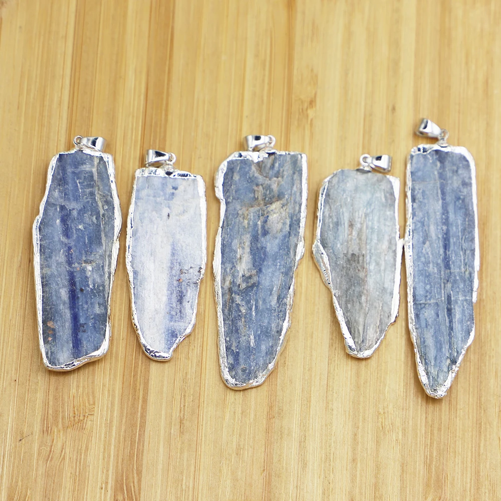 Natural Kyanite Irregular Raw Ore Pendants Rough Stone Silver Plated Edge Sweater Chain Mineral Crystal Specimen Necklace 8Pcs