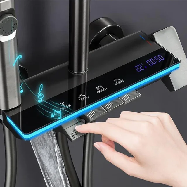 Grey shower Set Four-Function Smart Digital Display Shower System Rainfall Pressurized Wall-mounted Piano Key Shower Faucet Set 1