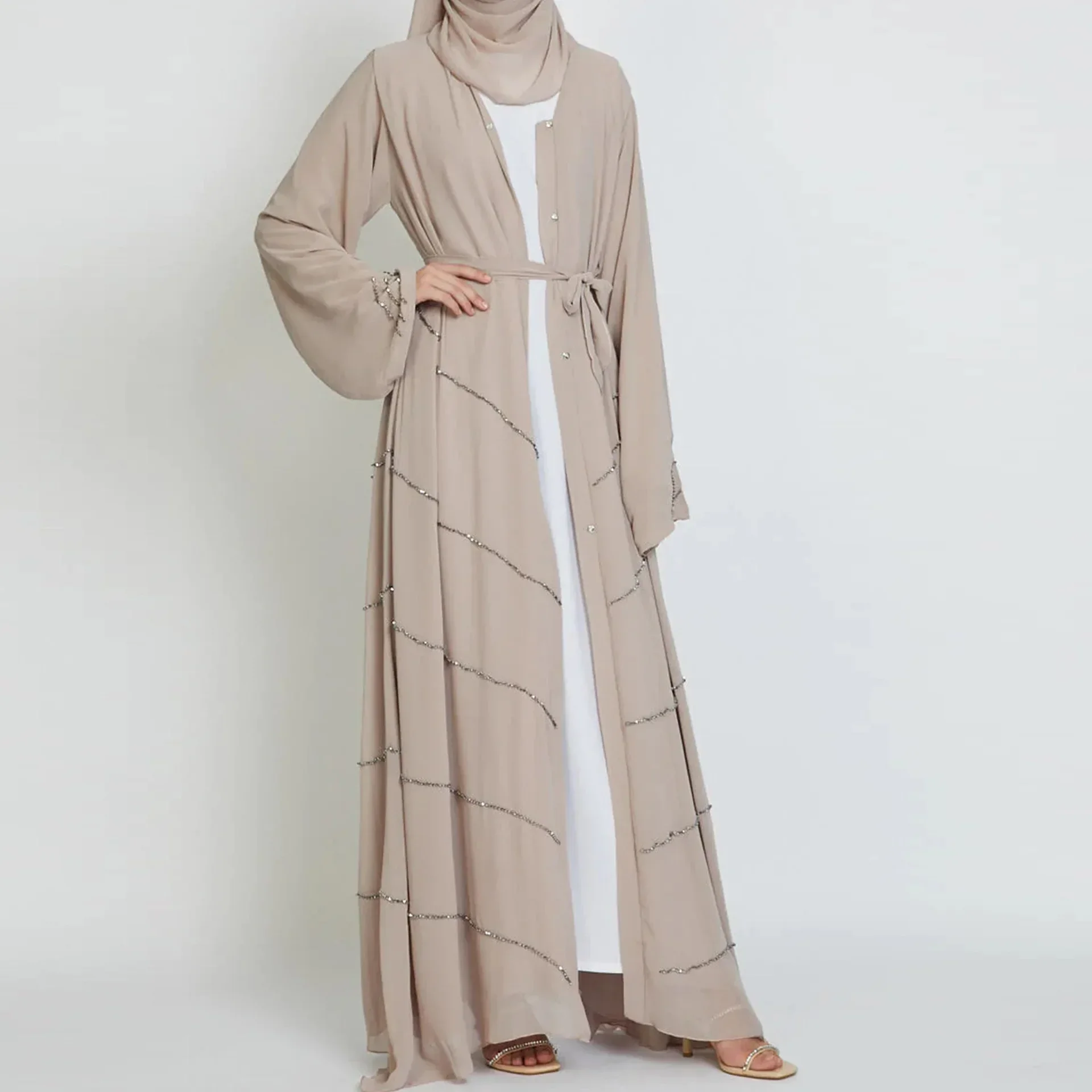 Open Abaya Dubai Turkey Elegant Beading Kimono Muslim Party Long Dress Plain Belt Abayas for Women Eid Islam Kaftan Hijab Robe