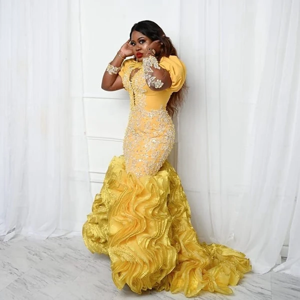 

Aso Ebi желтое атласное вечернее платье с юбкой-годе, элегантное кружевное длинное официальное платье с аппликацией и оборками, африканские женские платья на заказ