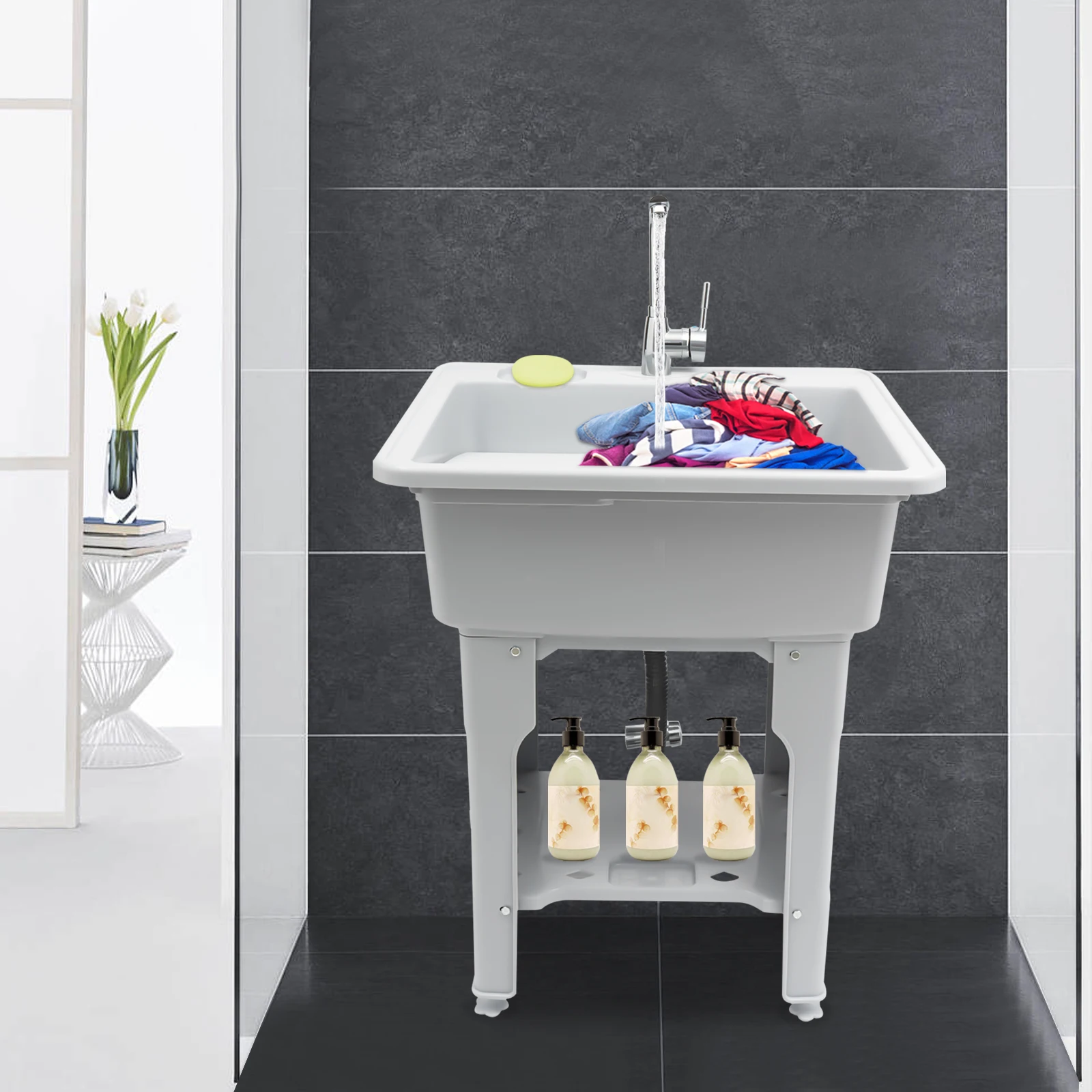 Freestanding Plastic Utility Sinks with Faucet Goudergo Drop in Deep sink kit with Inlet Pipe and Drain Pipe for Laundry Room 4