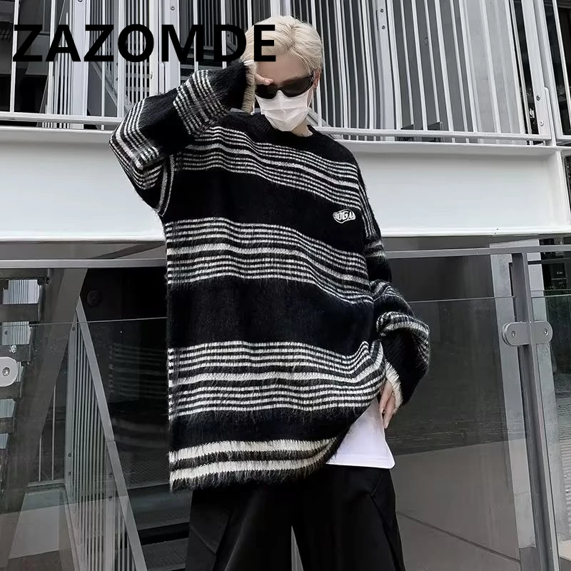 ZAZOMDE Autumn Winter Vintage Stripe Knitted Sweaters Embroidery Simple Sweater Pullover Loose High Street Pullover Harajuku Men