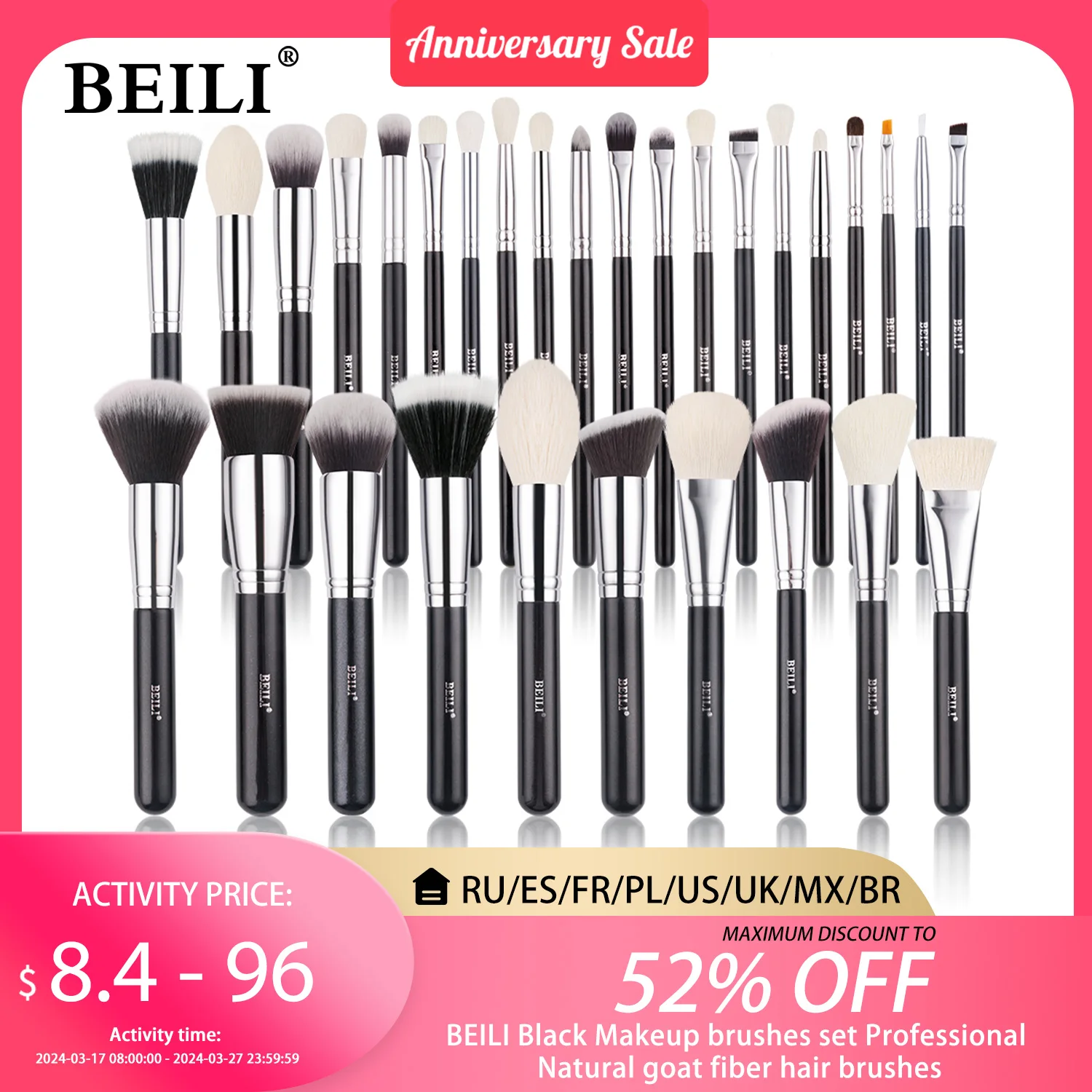 

BEILI Black Makeup brushes set Professional Natural goat fiber hair brushes Foundation Powder Contour Eyeshadow make up brushes