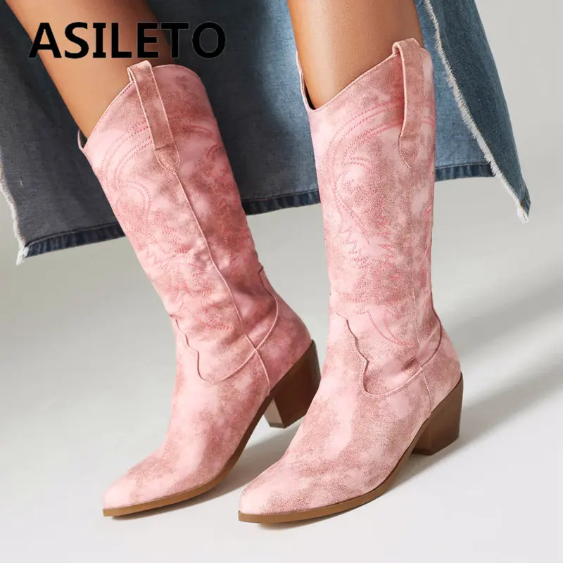 

ASILETO Women Mid Calf Boots Pointed Toe Block Heels 5cm Slip On Big Size 45 46 Embroider Casual Female Daily Western Booties