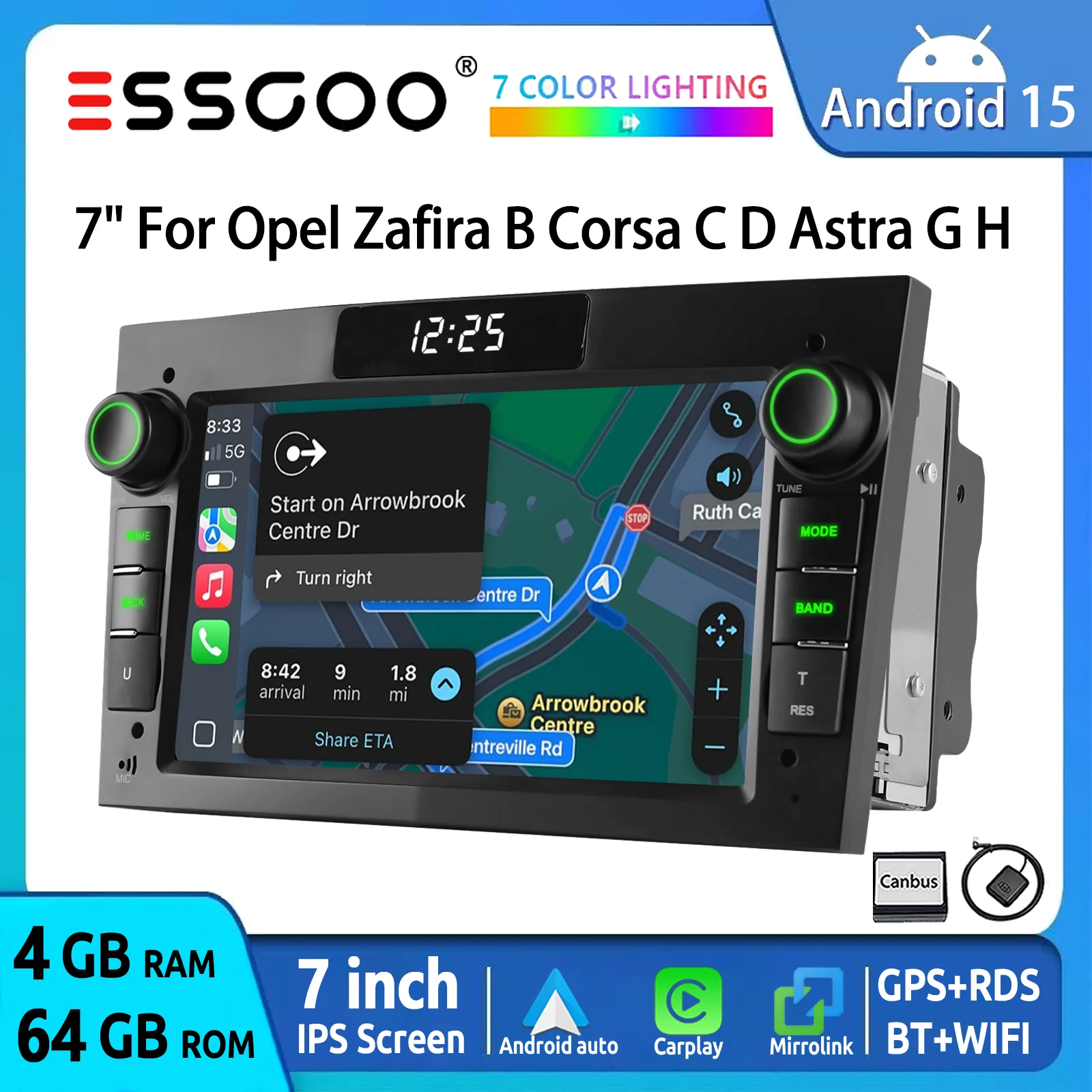 Autoestéreo ESSGOO Android 15 7 Pulgadas 4+64G para Opel Astra H Corsa C/D Vectra C Zafira B Signum Combo Vivaro CarPlay Inalámbrico Android Auto USB Bluetooth RDS Controles al Volante Enlace Espejo Pantalla Táctil IPS 1