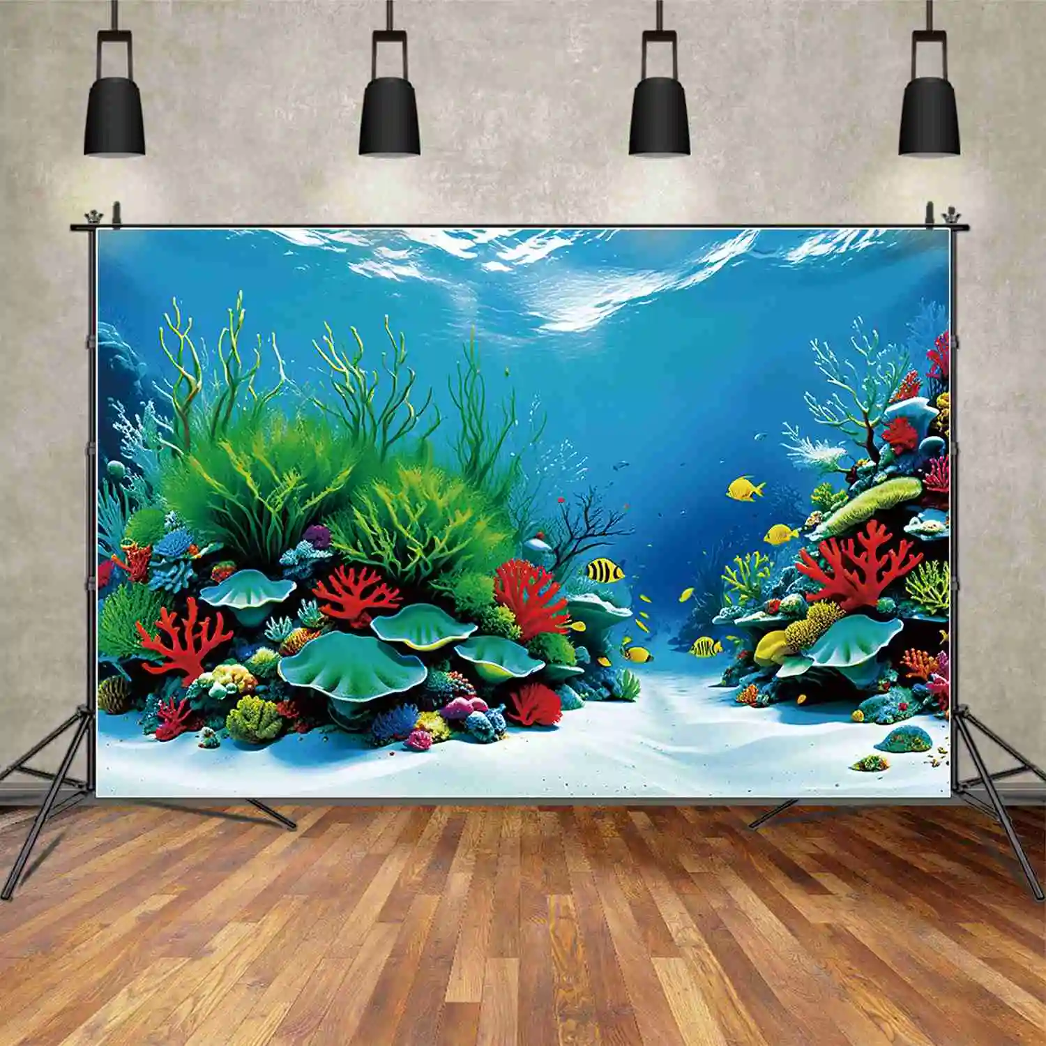 

MOON.QG Голубая морская вода Трава Аквариум праздничный фон детский красный коралл Морская звезда фон на заказ фотография искусственные реквизиты