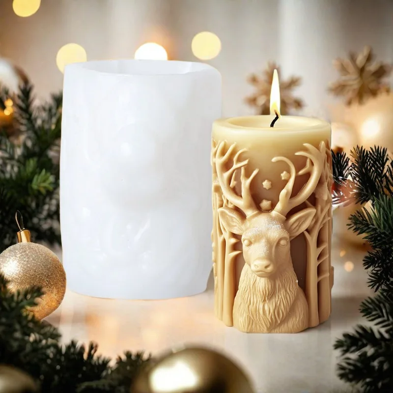 Christmas Elk Cylindrical Scented Candle Silicone Mold DIY Christmas Tree Diffuser Ornament Mold Candle Molds for Candle Making