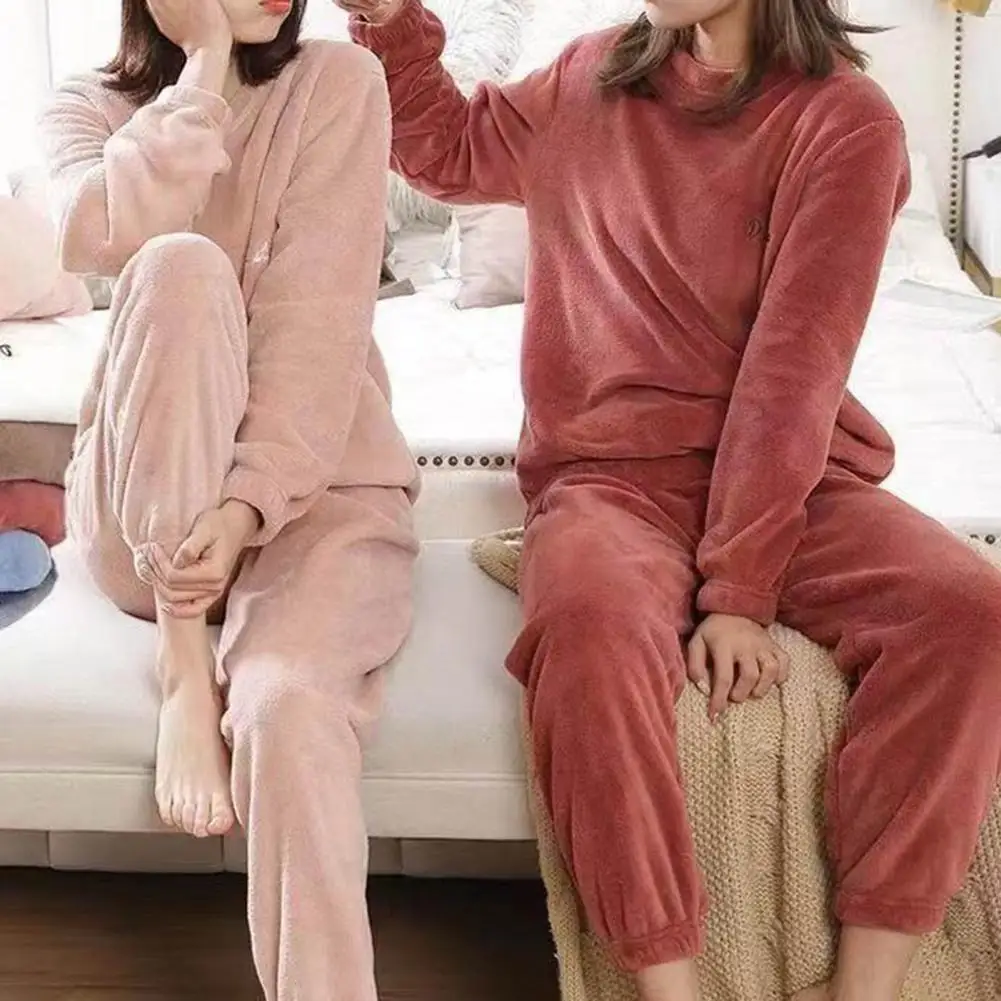 

2 Pcs/Set Women Pajamas Set Round Neck Cozy Sleeping Thick Homewear Top Pants Set Winter Sleepwear Set for Sleeping