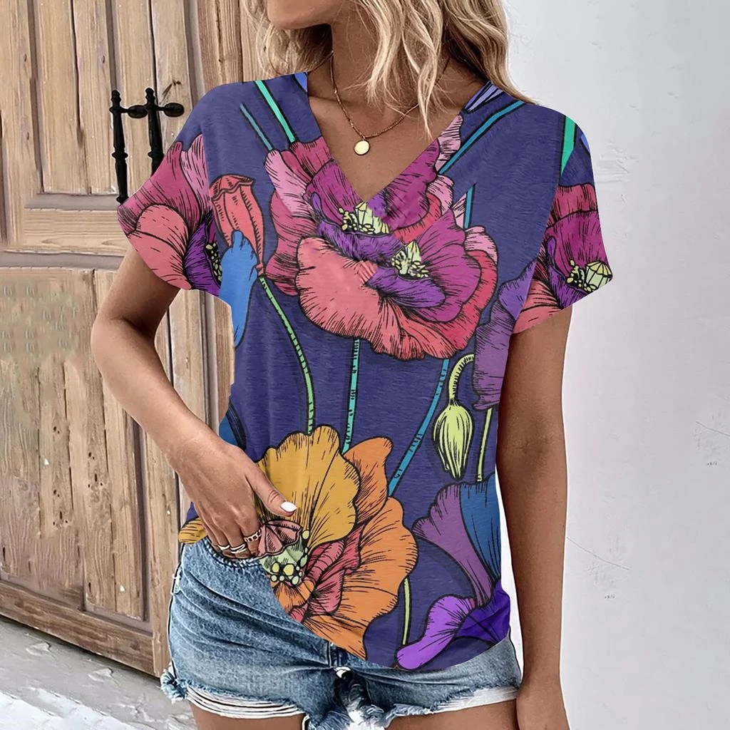 Fashion Women's T-Shirts Fashion Tops V-Neck Floral Print T