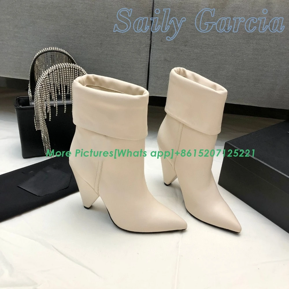 

Metal Letter White Fold Pointed Toe Spike Heels Boots Concise Fashion Leather 2022 Hot Sale Women Unique Style Winter Shoes