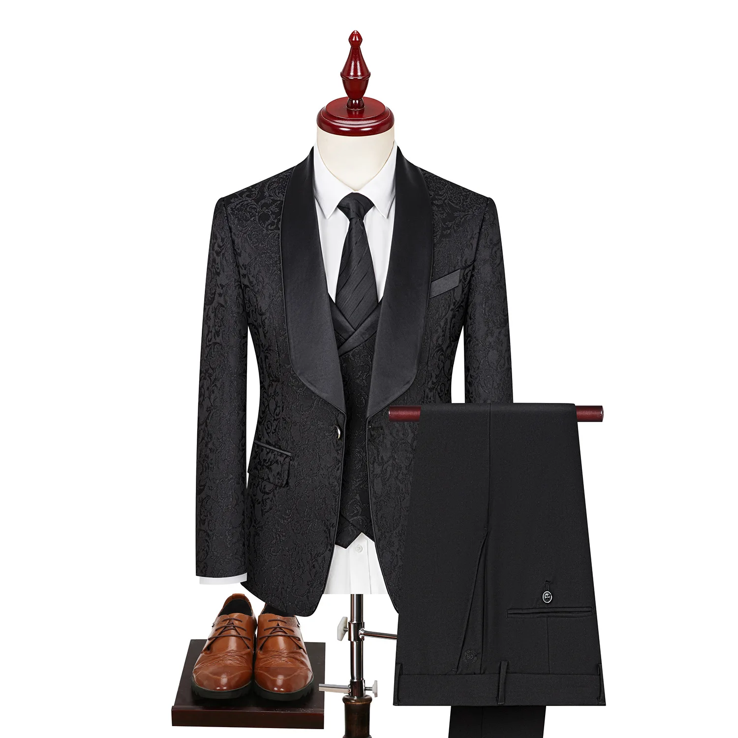 Embroidered Men Suit 3 Pieces Printed Striped With Lapel For Wedding Banquet Work Business Tuxedo Set Jacket Vest With Pants