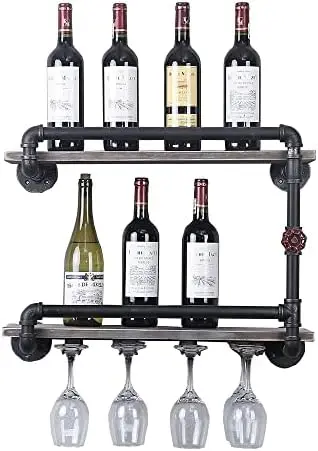 

Wine Racks Mounted with 7 Stem Glass Holder,2-Tiers Rustic Metal Hanging Wine Holder,36in Mount Bottle Holder,Pipe Shelves Kit