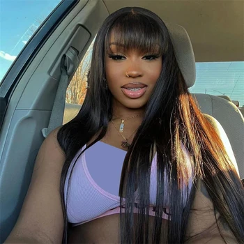 30Inch Straight 3x1 Middle Part Lace Human Hair Wig With Bangs For Women Brazilian Wigs On Sale Cheap Fringe Bob Wig 180 Density