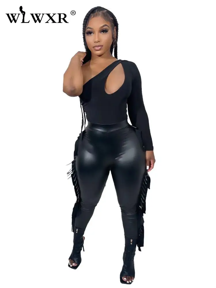 

WLWXR Fall Streetwear Faux Leathers Pants For Women 2022 Solid High Waist Tassel Skinny Pants Elastic Khaki Pencil Pants Female