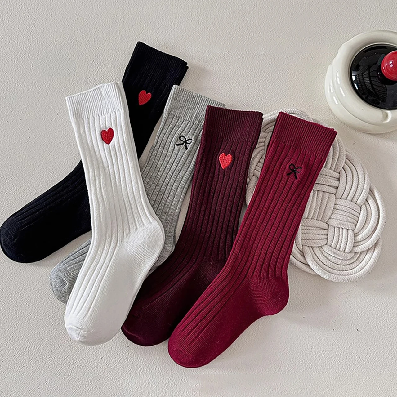 %E3%80%90Seasonal%20Sale%E3%80%91%205%20Pairs%20Kids%20Socks%20Solid%20Color%20Heart%20Pattern%20Middle%20Socks%20For%20Girls%20Children%20Cotton%20Stripe%20Calf%20Socks%202-8%20Years%20-%20Image%202