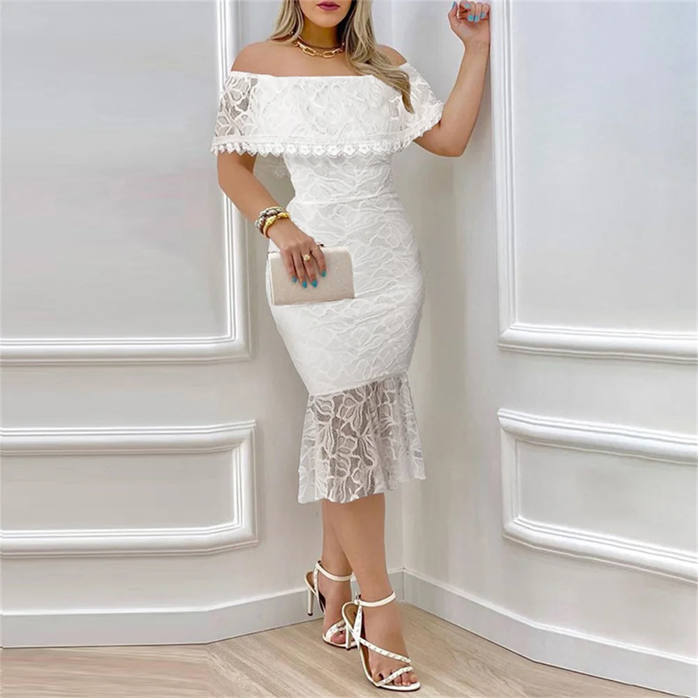

Women White Lace Party Dress 2023 New in Sexy Off Shoulder Skinny Midi Dress Elegant Mermaid Formal Evening Occasion Dresses