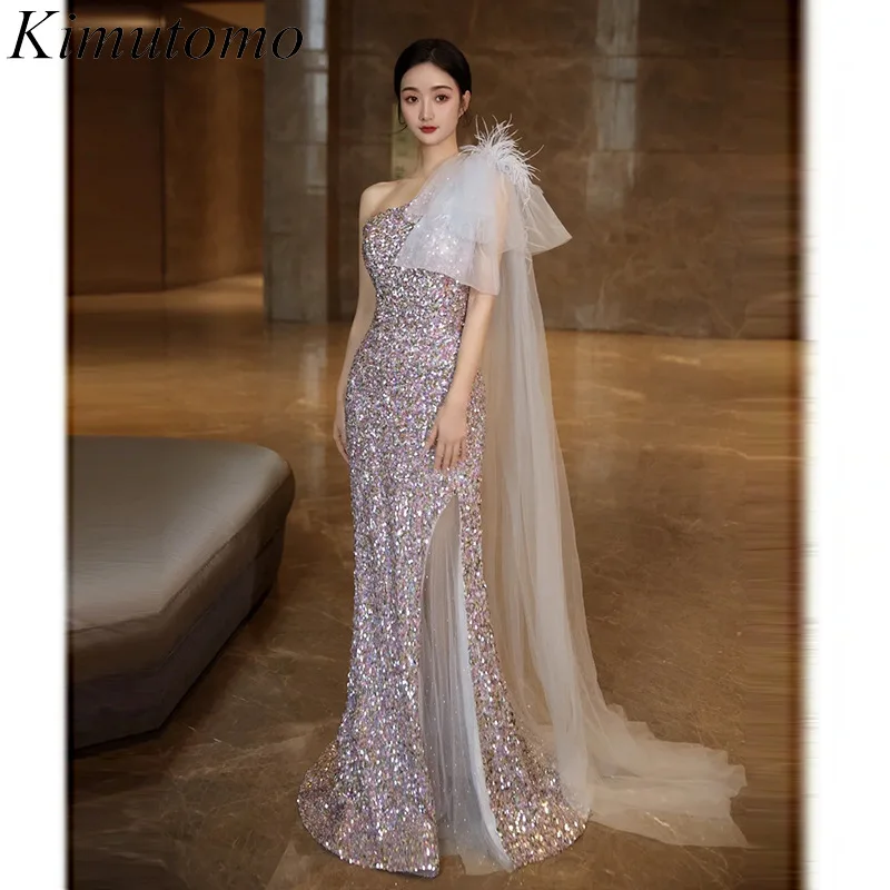 

Kimutomo Oblique Shoulder Sequined Party Dress for Women Off-shoulder Mesh Bow Split Dresses Celebrity Style Shiny Vestidos