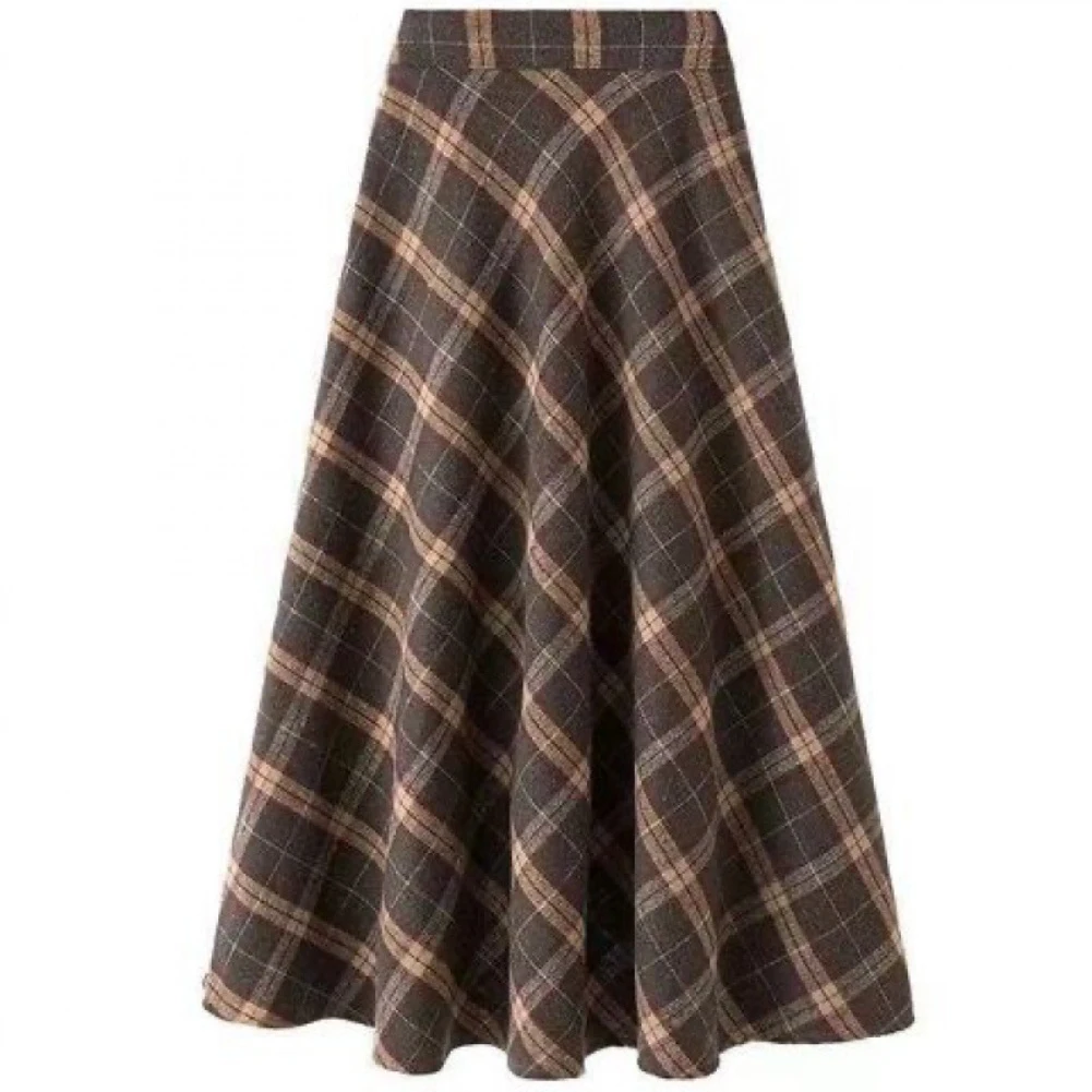 Frauen M-4xl Herbst Plaid Rock A-linie Große Schaukel Rock Hohe taille Mode Vintage Braun Farbe Lange Röcke – Detail 5