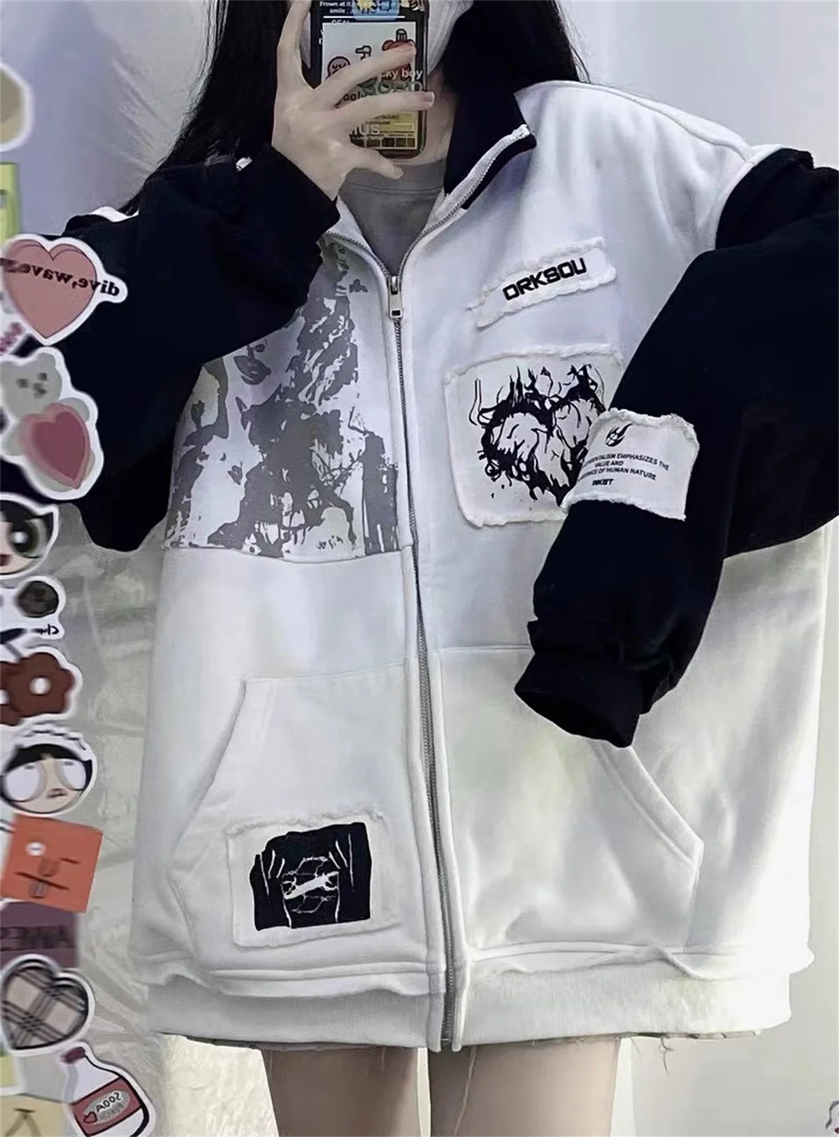 

Hoodies Jackets Women 2023 Fashion Streetwear Harajuku Contrast Color Loose Casual Sweatshirt Korean Coat Ropa Mujer