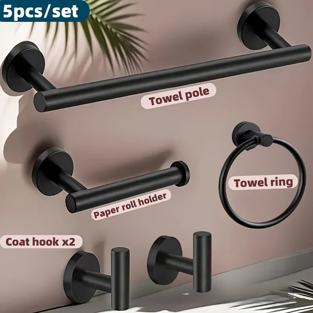 ชุดอุปกรณ์ห้องน้ำ 5 ชิ้น ติดผนัง สแตนเลส บาร์ผ้าเช็ดตัว แหวนผ้าเช็ดตัว ที่ใส่กระดาษชำระ ตะขอ อุปกรณ์ห้องน้ำ 1