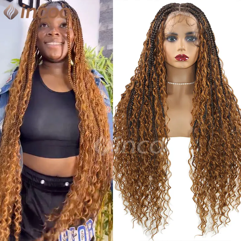 

32" Blonde Colored Full Lace Braided Wigs Bohemia Box Braids Synthetic Lace Frontal Wigs Deep Wave Goddess Braids Wig Curly Ends