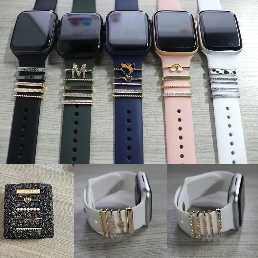 

10 шт. металлические подвески, декоративное кольцо, бриллиантовое украшение для ремешка Apple Watch, силиконовый ремешок для смарт-часов, аксессуары для Iwatch, браслет