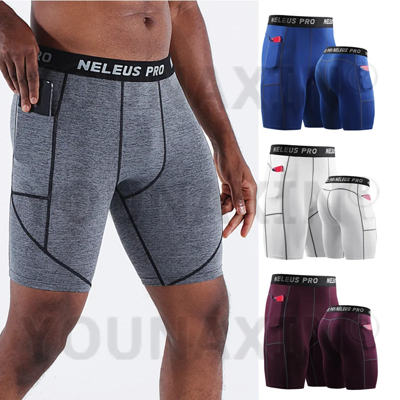 Men's Running Shorts Fitness Quick-drying Gym Tight Leggings Outdoor Basketball Base Layer Pant With Pocket M L XL 2XL 3XL 4XL