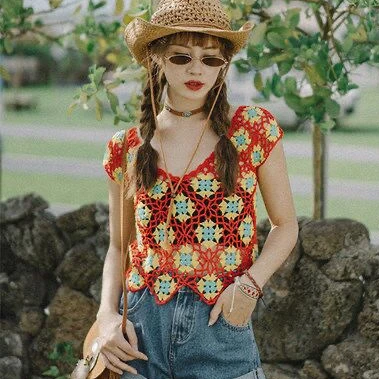 

National Crochet Tanks Tops Women Square Tanks Summer Hook Hollow Out Crop Tops Women Hollow Out Knitted Tops