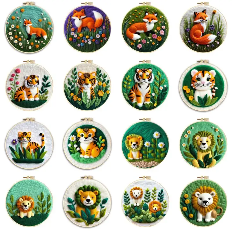 CHENISTORY Diy Wool Felting Painting Fox, Tiger, Lion Animal Art Kit Handmade Needle Felting Painting Set For Adults Wall Art
