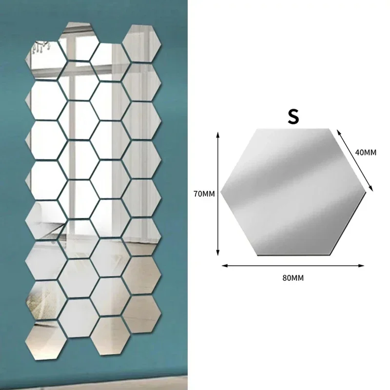 Set of 60 Hexagon 3D Mirror Effect Wall Stickers - Self-Adhesive Acrylic Decor