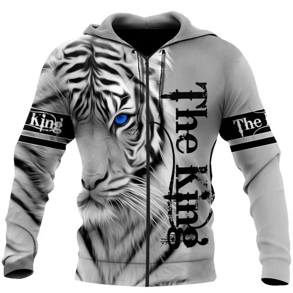 

2024 Cross-border European and American men's 3D printed hoodie Lions and tigers leisure sports pullover zipper hoodie