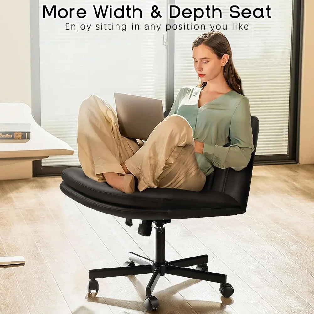 PU Leather Armless Cross Legged Office Desk Chair for Home Office, Modern Swivel Height Adjustable Wide Seat, Offices Chairs 3