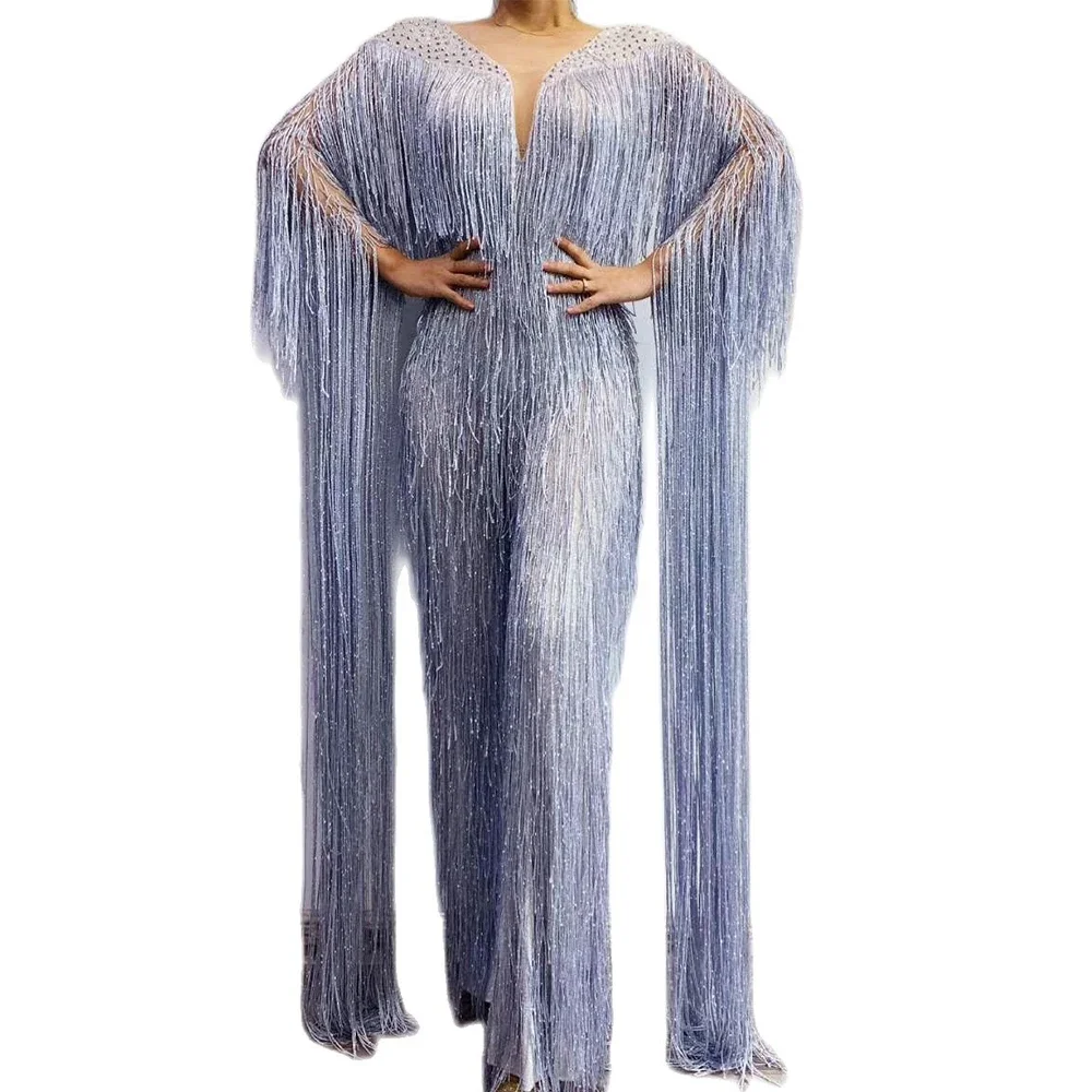 

Mesh Perspective Playsuit Singer Stage Wear Shining Silver Fringes Floor-Length Sleeve Women Jumpsuit Evening Prom Costumes