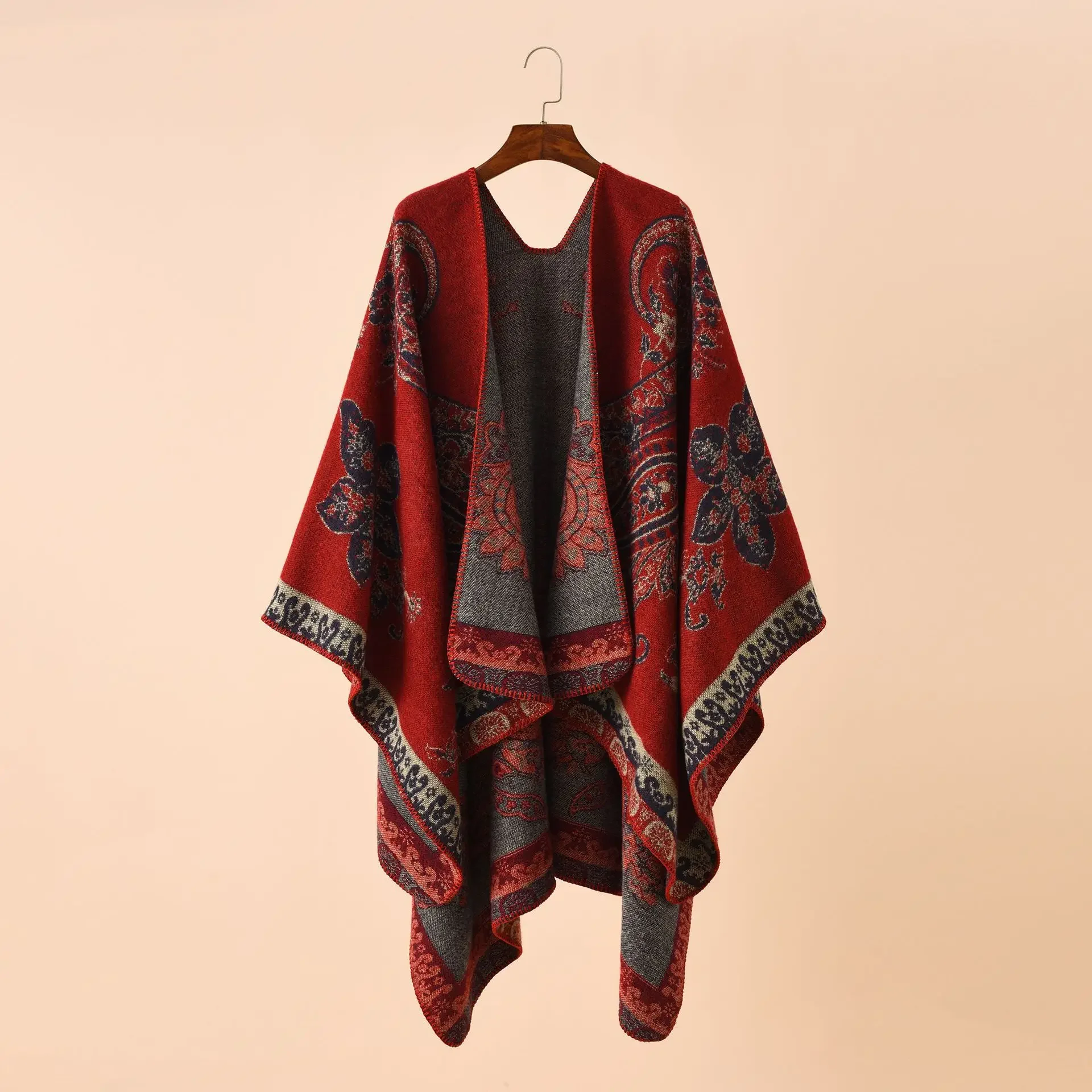 

2024 Autumn Winter New Street Geometric Lattice Flower Pattern Imitation Cashmere Warm Shawl Cloak Women Poncho Capes Red