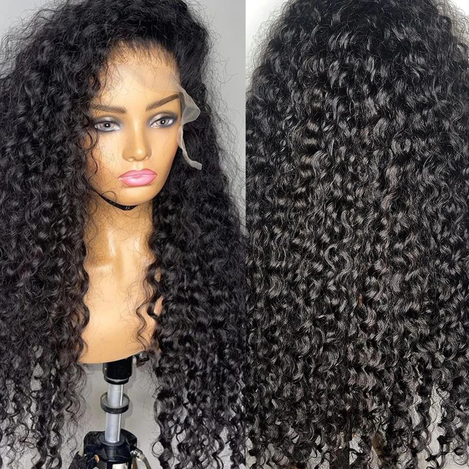 RONGDUOYI Deep Kinky Curl Synthetic Wig Long Black Curl Heat Fiber Natural Hairline Lace Front Wigs Daily Use Soft Hair
