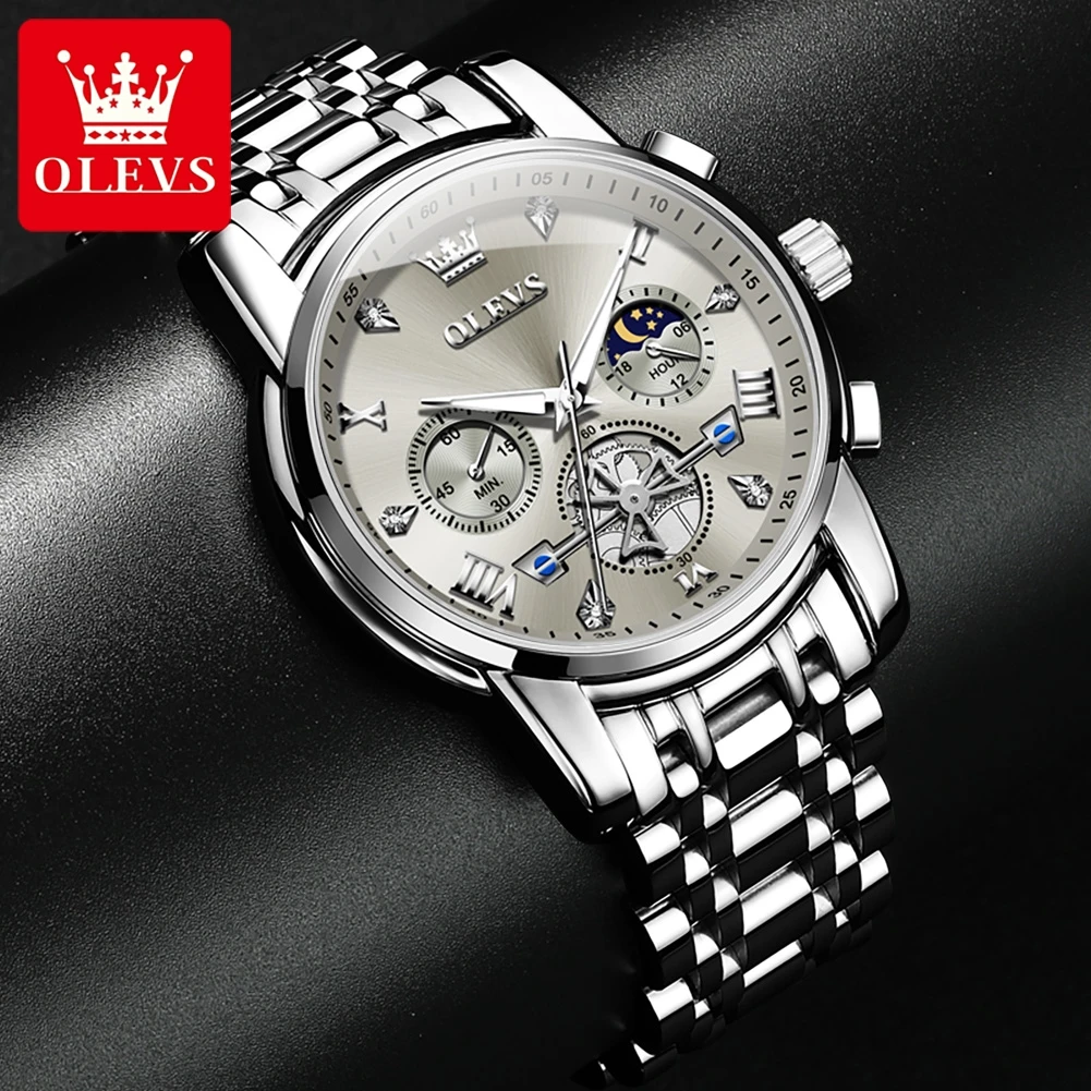 OLEVS Top Brand Men's Watches Classic Three Eyes Style Stainless Steel Quartz Watch Waterproof Luminous Moon Phase Wristwatch