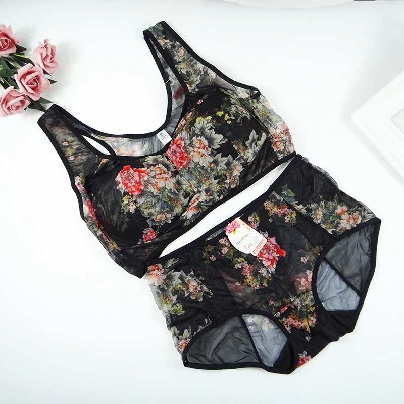 

Bras Sets for Women Seamless No Rims Thin Garden Printing Underwears Plus Size Women's Vest Net Lace Brassiere Panties Suits