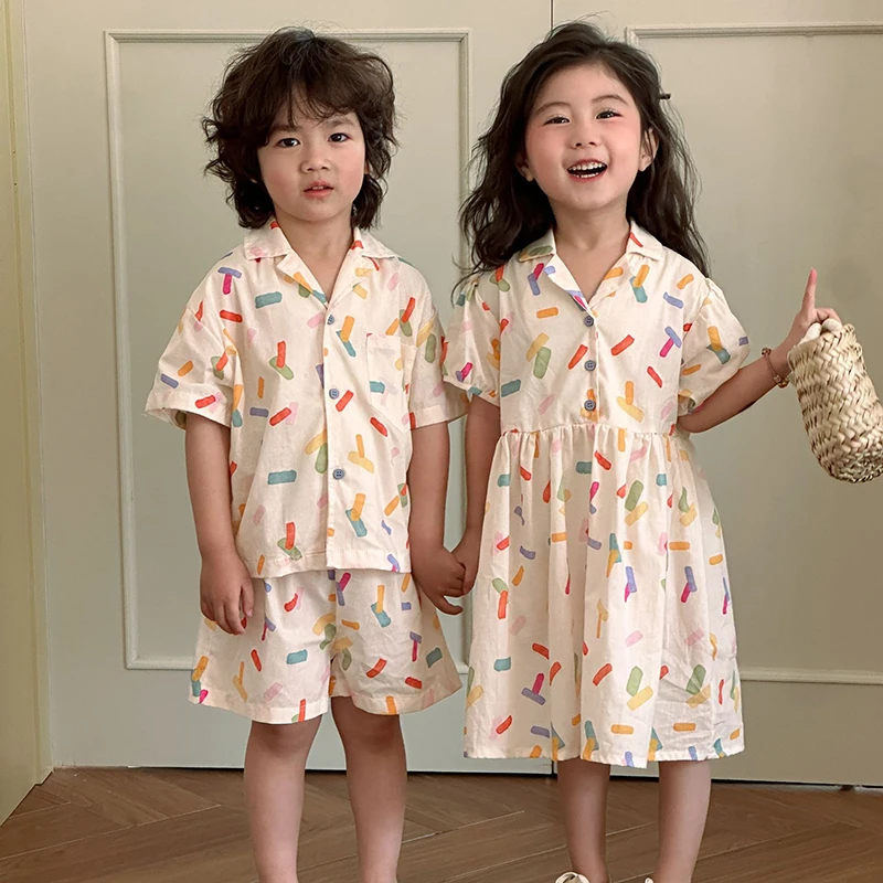 2026 Brother Sister's Clothing Outfit for 1-10Y Boys' Lapel Shirt Shorts 2pcs Girls Colorful Print Shirt Dress Siblings Suit