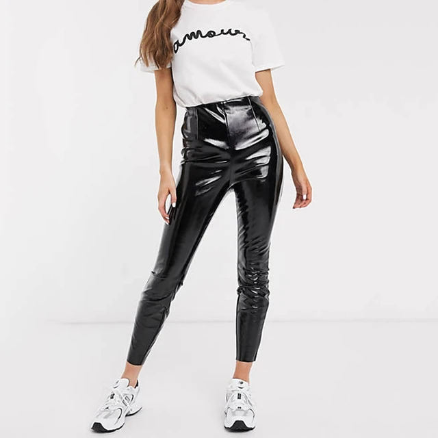 Women's Sexy Latex PU Leather Pants Black Leggings Outfit High Waist, Back  Zipper Trousers Female Skinny Faux Leather Pants Cust