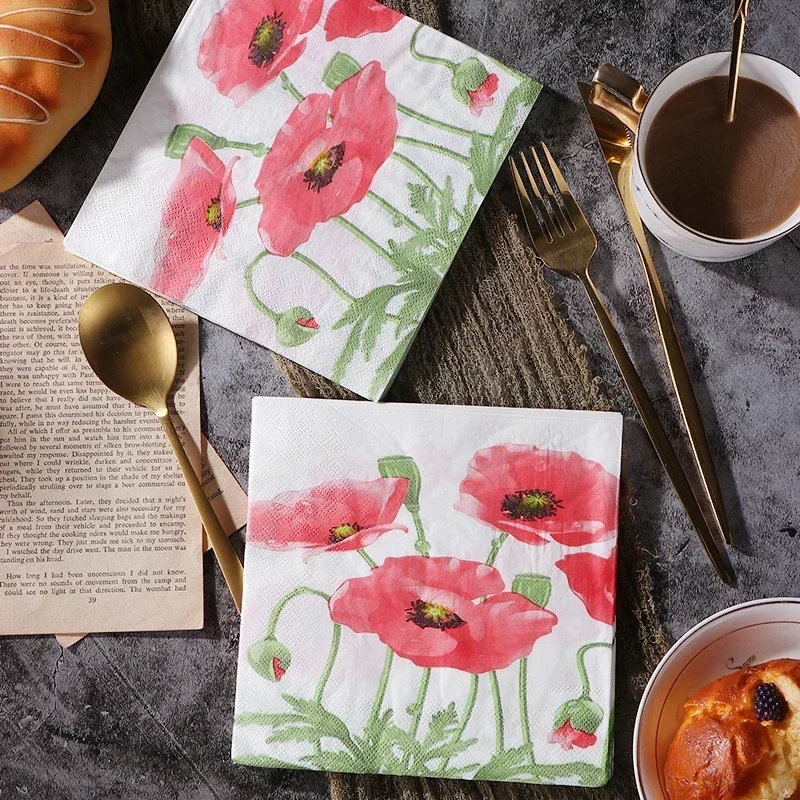 20pcs/pac Paper Napkins Disposable Paper Placemats Red Flowers Wedding Colourful Printed Wedding Decoration Supplies 33*33cm