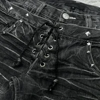 New retro double waisted lace up micro flared women pants streetwear Y2K washed high-quality design sense men and women jeans - Image 3