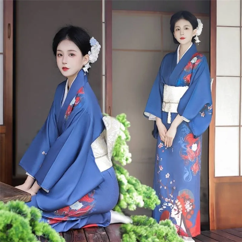

2022 Women Japanese Style Kimono With Obi Vintage Floral Fancy Wear Stage Show Costume Cosplay Yukata Traditional Long Bathrobe