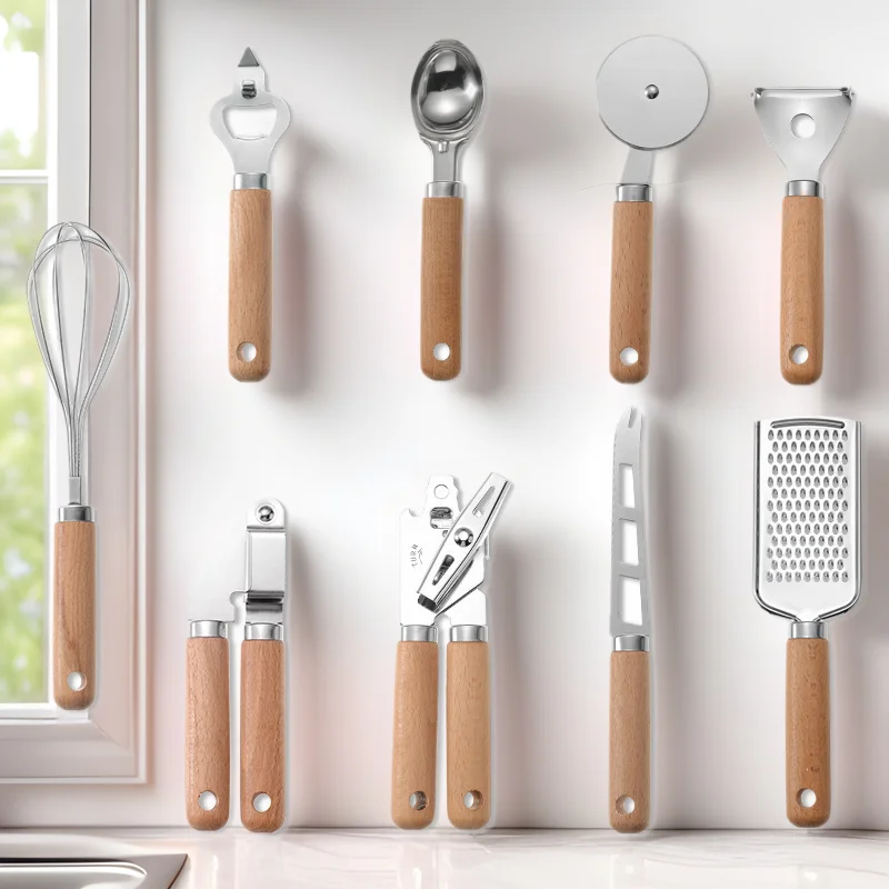 Wooden Handle Kitchen Gadgets Small Kitchen Utensils Set Baking Set Pizza Cheese Knife Stainless Steel Egg Beater
