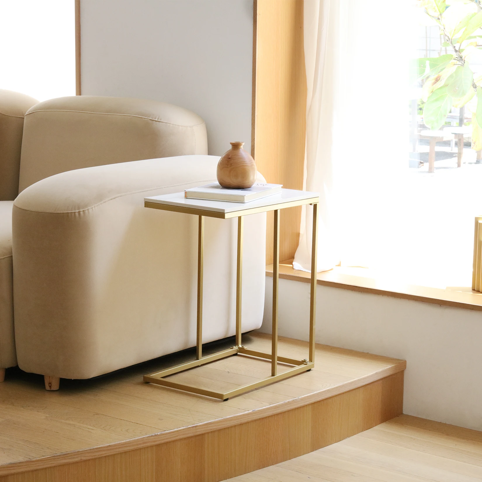 C Shaped End Snack Side Table Under Couch with Marble Top for Sofa Coffee Laptop Living Room Bedroom Small Space - 3