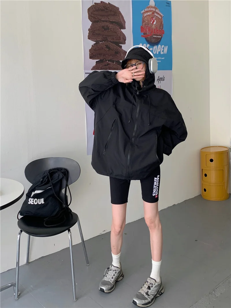 American Green Windproof Jacket Women's Sprinter Autumn 2023 New Hooded Coat Loose Mid Length Long Sleeved Jacket
